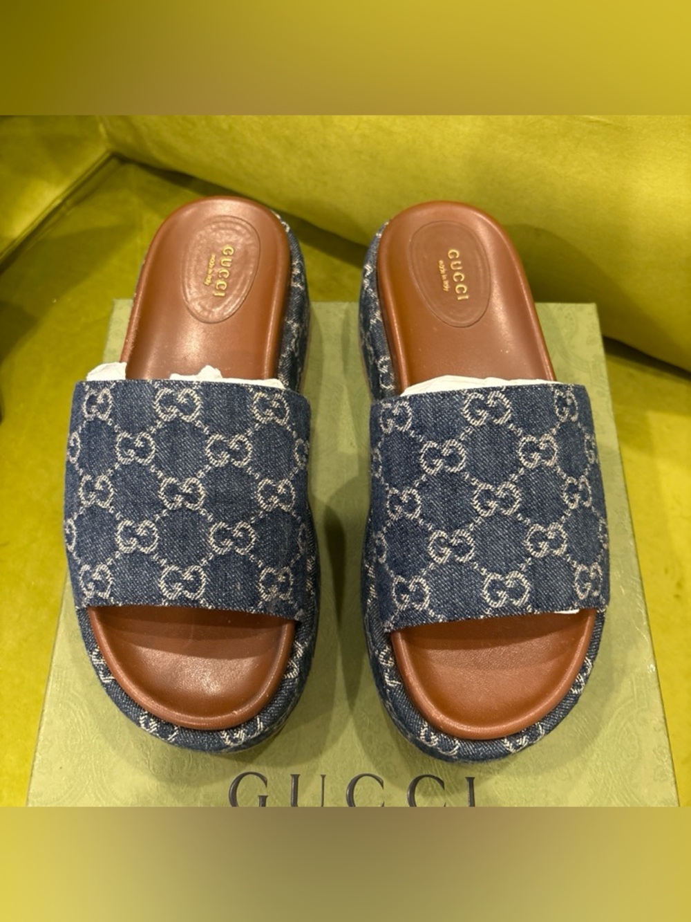 Gucci Denim GG Logo Platform Slides